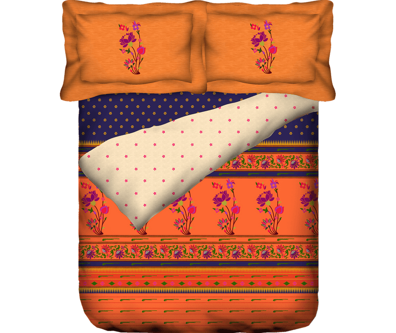 Striking Orange Floral Print Bedcover With 2 Pillow Covers