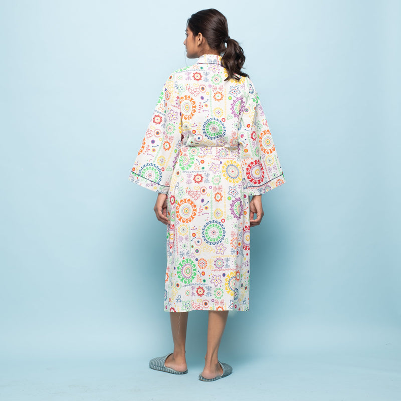 WHITE MULTICOLOR COTTON HAND PRINTED BATHROBE