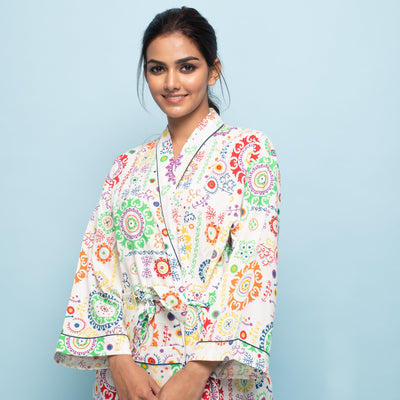 WHITE MULTICOLOR COTTON HAND PRINTED BATHROBE