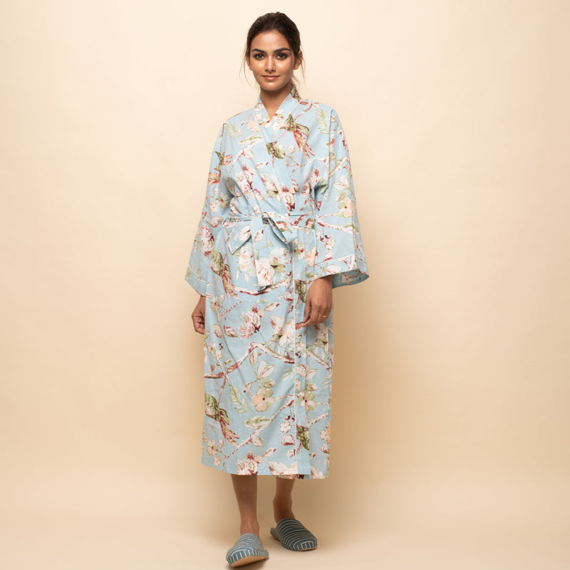 SKY BLUE COTTON HAND PRINTED BATHROBE