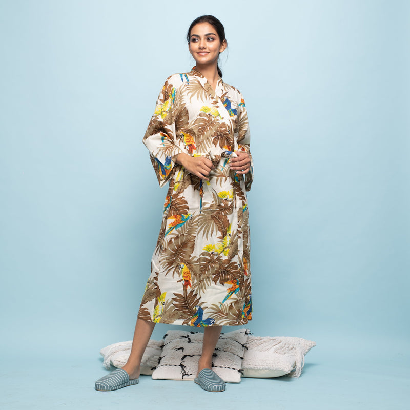 MULTICOLOR MUSTARD COTTON HAND PRINTED BATHROBE