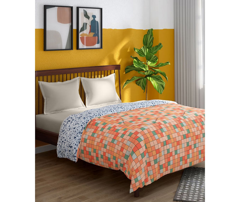 Multi-Coloured Checkered Print King Size Comforter (100% Cotton, Reversible)