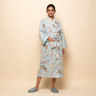 SKY BLUE COTTON HAND PRINTED BATHROBE