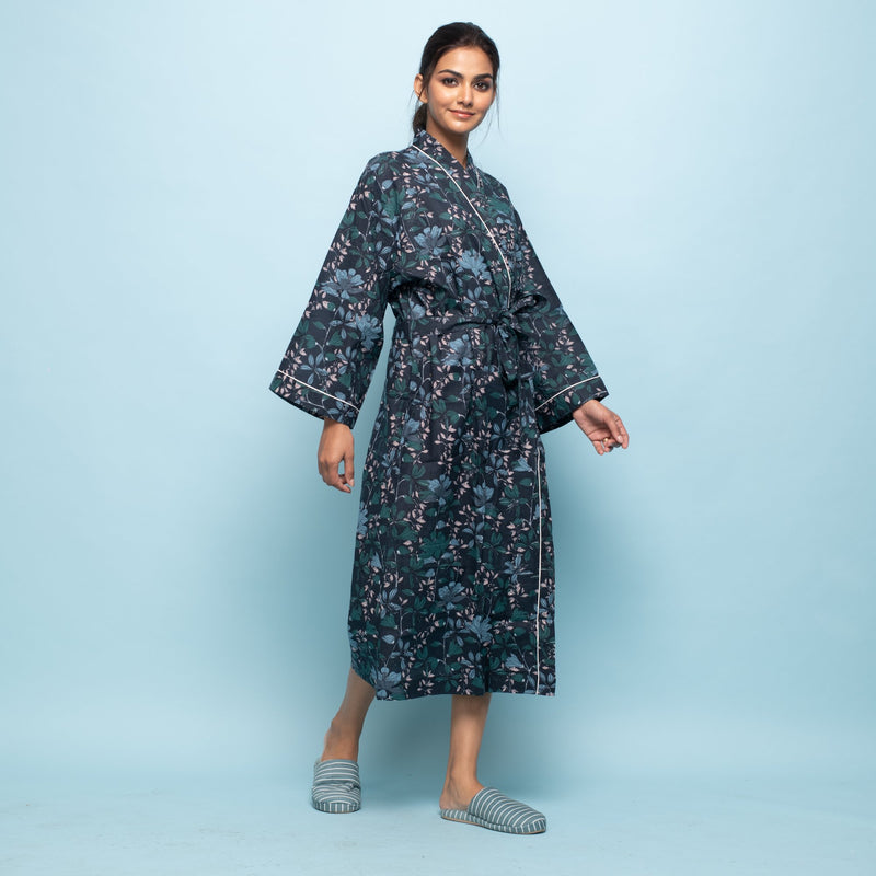 GREEN BLUE MULTI-COLOUR PURE COTTON BATHROBE