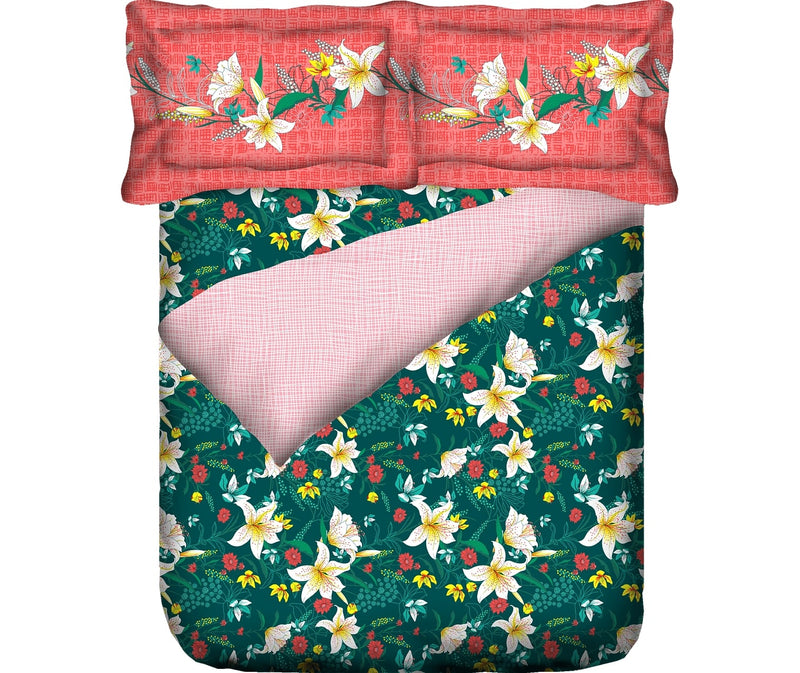 Stunning Red & Green Floral Double Size Comforter (100% Cotton, Reversible, Queen Size)