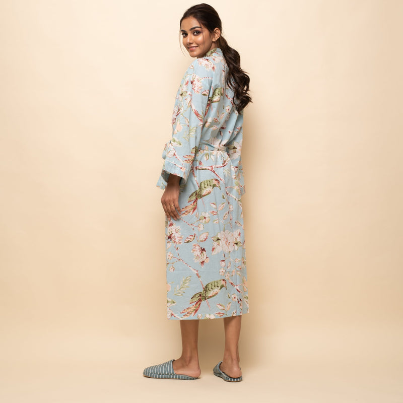 SKY BLUE COTTON HAND PRINTED BATHROBE