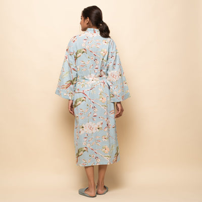 SKY BLUE COTTON HAND PRINTED BATHROBE