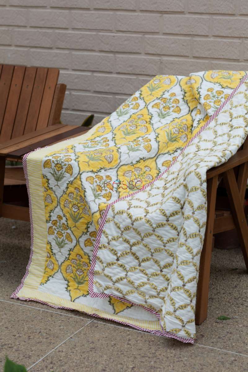 Saffron Block Print Double Bed Quilt