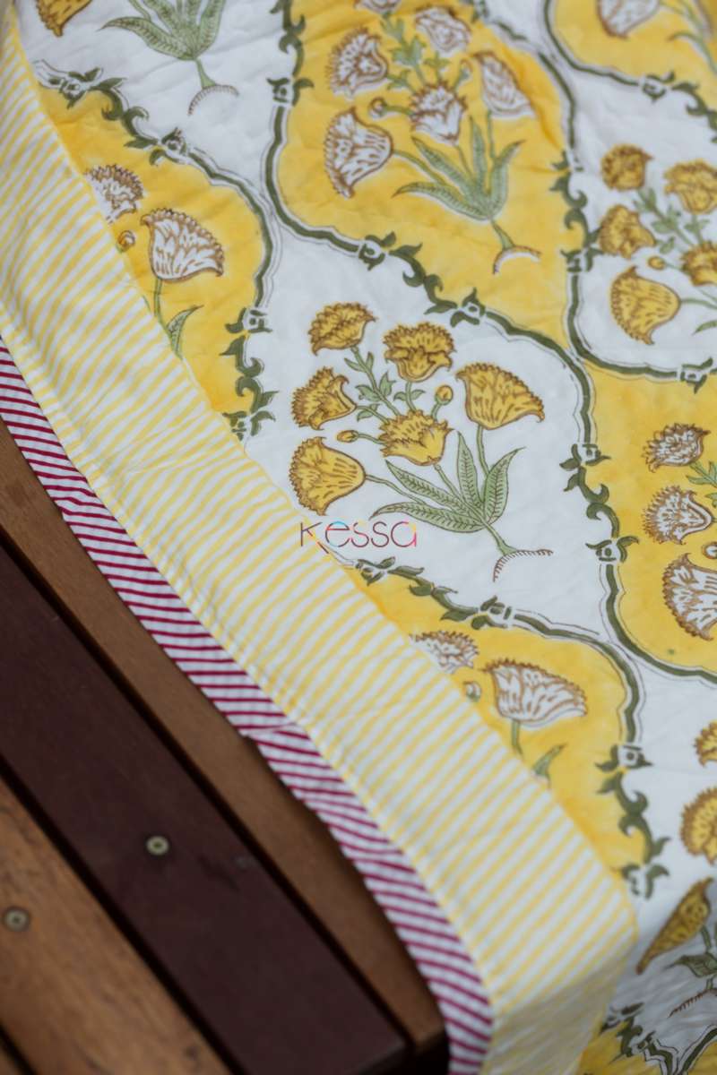 Saffron Block Print Double Bed Quilt