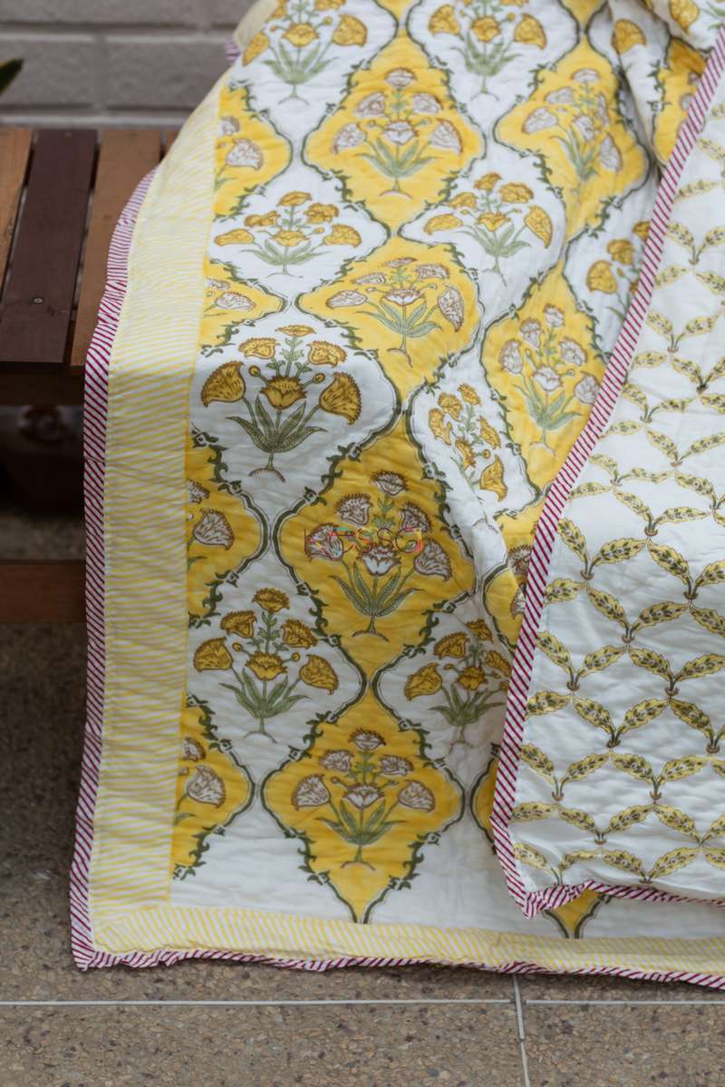 Saffron Block Print Double Bed Quilt