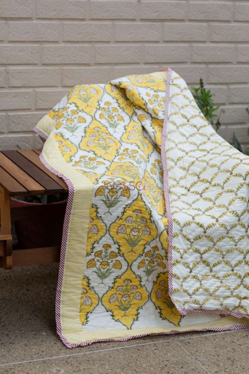 Saffron Block Print Double Bed Quilt