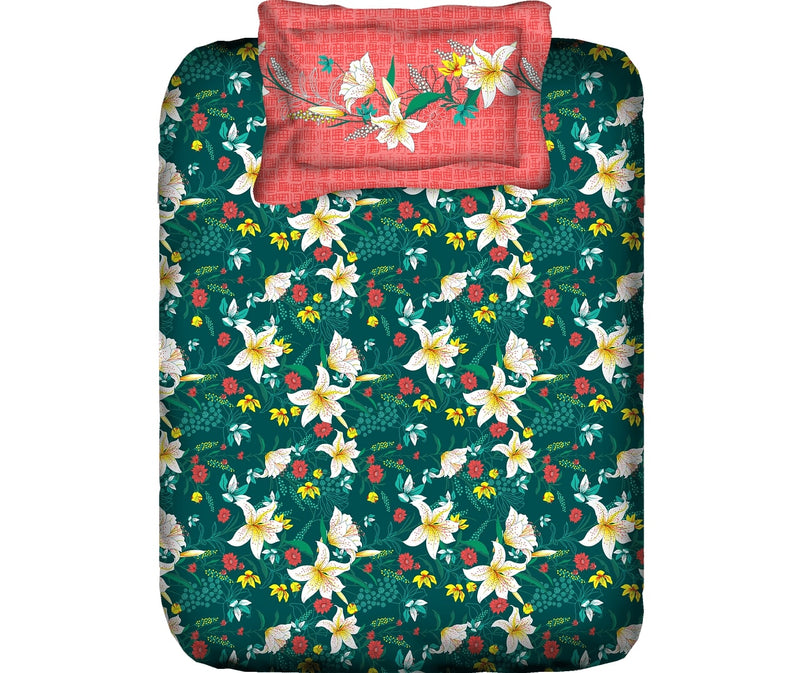 Green And Red Floral Print Bedsheet With 1 Pillow Cover (100% Cotton, Single Size)