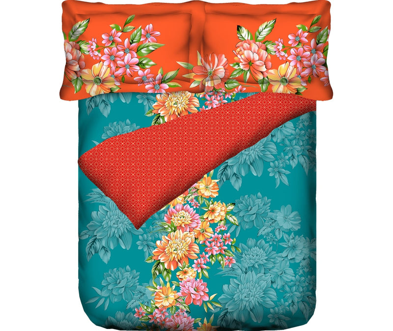 Teal & Orange Floral Double Size Comforter (100% Cotton, Reversible)