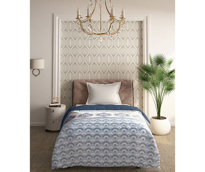 Traditional Blue Scalloped Pattern Single Size Comforter (100% Cotton, Reversible)