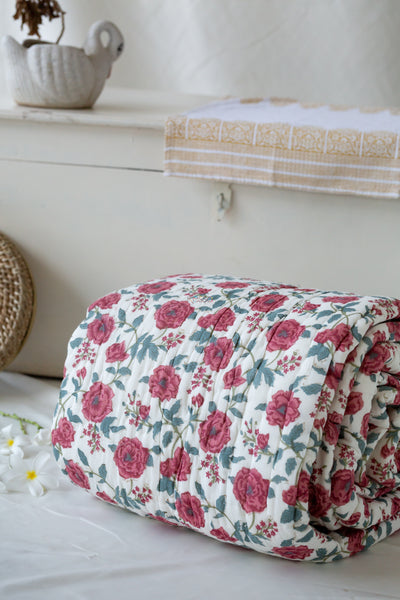 Red Floral Jaal Double Bed Quilt