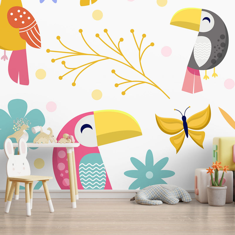 Seamless cute parrot and toucan butterfly