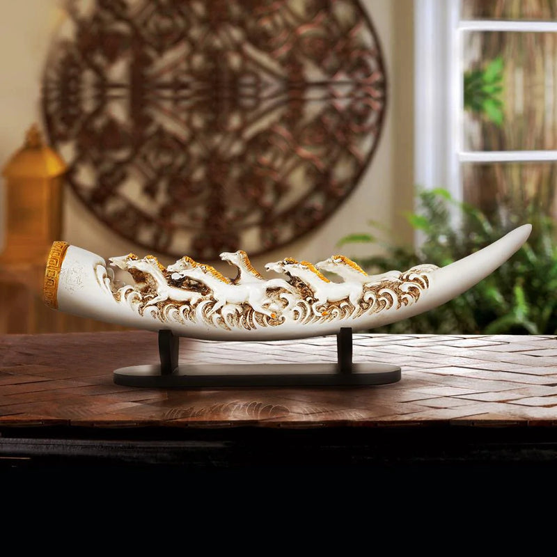 Eight Running Horses Carved In Tusk | Feng Shui Table Accent (9462)