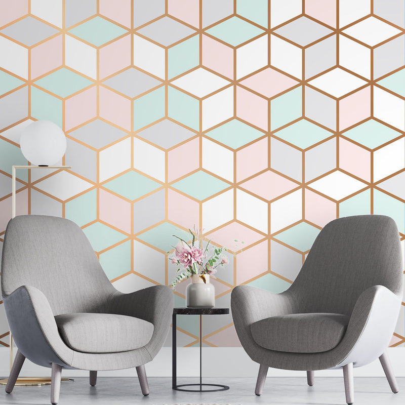 Pink with white lines geometric – Mural Wallpaper, PVC Free, Non-Toxic