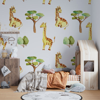 Watercolor cute giraffes and trees