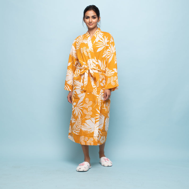 YELLOW COTTON HAND PRINTED BATHROBE