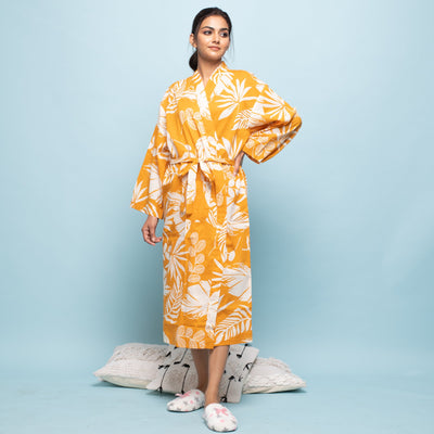 YELLOW COTTON HAND PRINTED BATHROBE