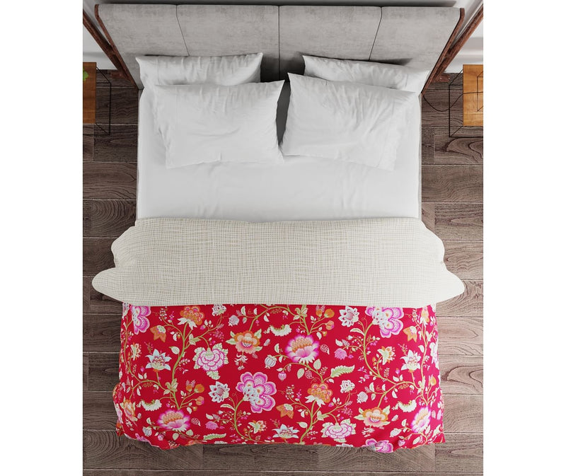 Red, Pink & White Floral Print Double Size Comforter (100% Cotton, Reversible)