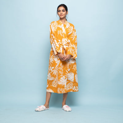 YELLOW COTTON HAND PRINTED BATHROBE