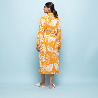 YELLOW COTTON HAND PRINTED BATHROBE