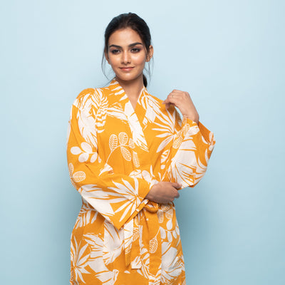 YELLOW COTTON HAND PRINTED BATHROBE