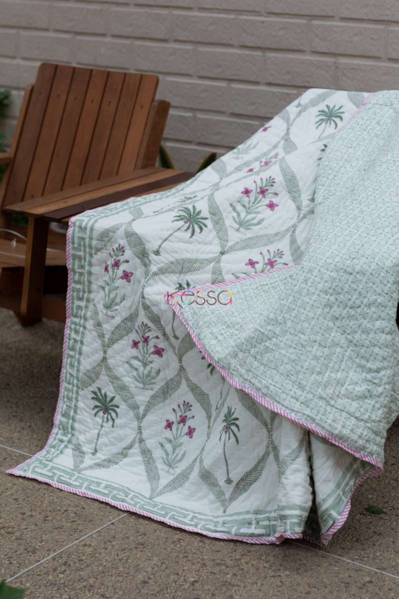 Powder Ash Palm Tree Double Bed Quilt