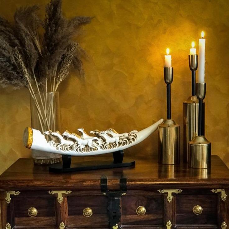 Eight Running Horses Carved In Tusk | Feng Shui Table Accent (9462)