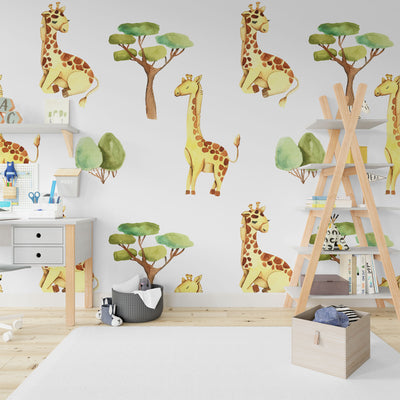 Watercolor cute giraffes and trees