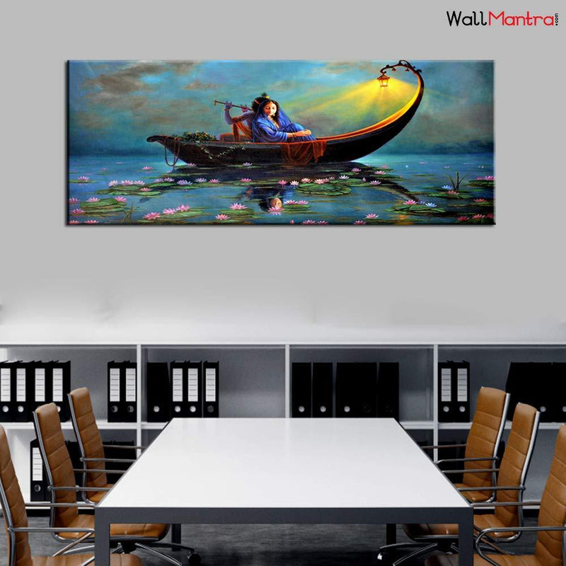 Radha Krishan on Ferry Romantic Canvas Big Panoramic Wall Painting