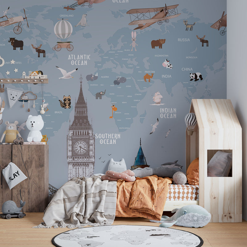 Kids world map animals and landmarks