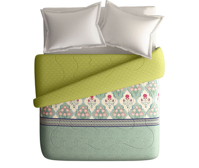 Traditional Green & Pink Motif King Size Comforter (100% Cotton, Reversible)