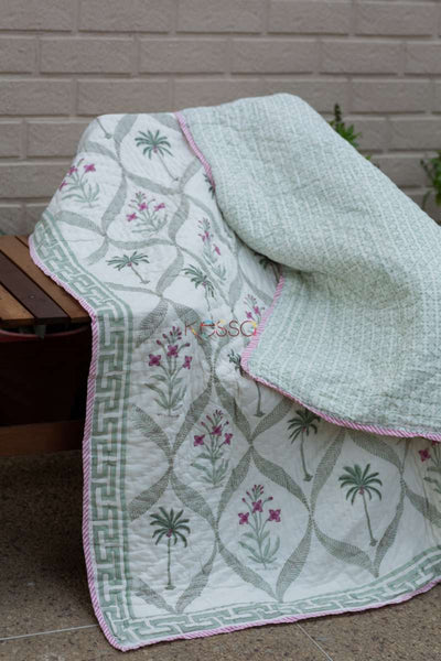 Powder Ash Palm Tree Double Bed Quilt