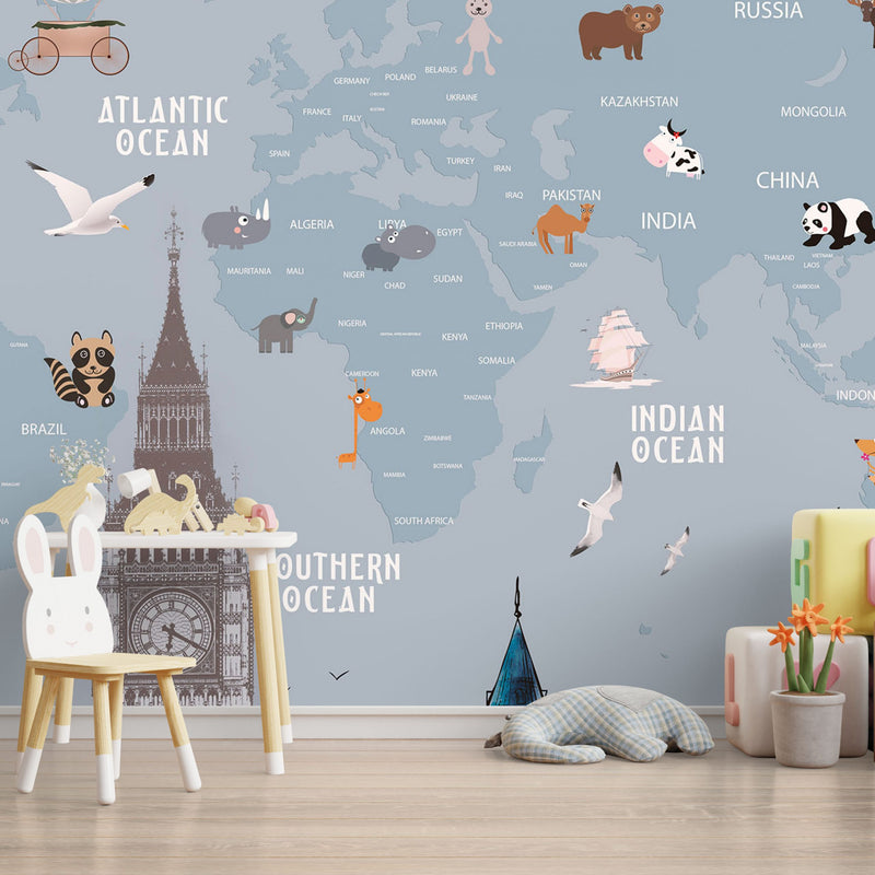 Kids world map animals and landmarks