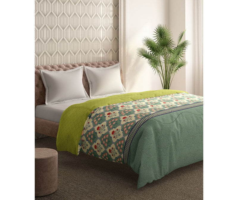 Traditional Green & Pink Motif King Size Comforter (100% Cotton, Reversible)