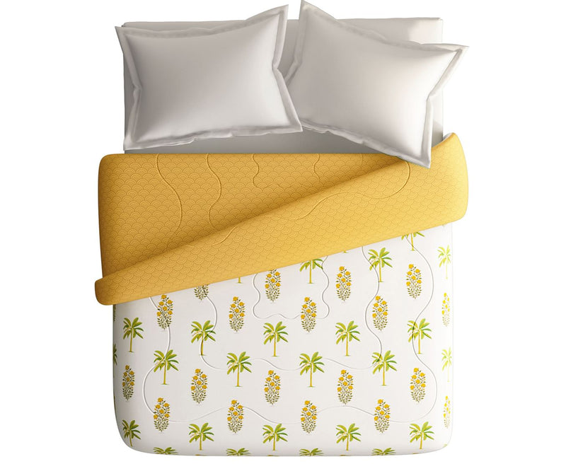 Turmeric Yellow & Green Coconut Motif King Size Comforter (100% Cotton, Reversible)