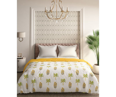 Turmeric Yellow & Green Coconut Motif King Size Comforter (100% Cotton, Reversible)