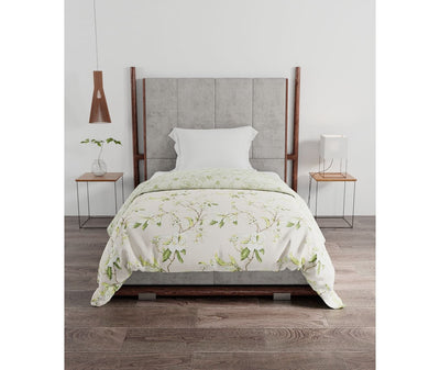 Beige & Green, Floral Print Single Size Comforter (100% Nature Based, Reversible)