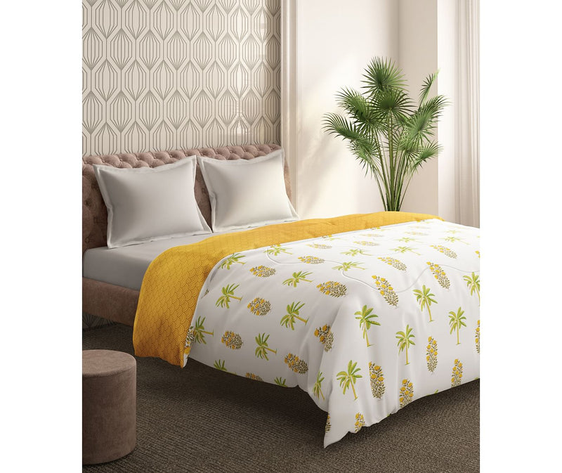 Turmeric Yellow & Green Coconut Motif King Size Comforter (100% Cotton, Reversible)