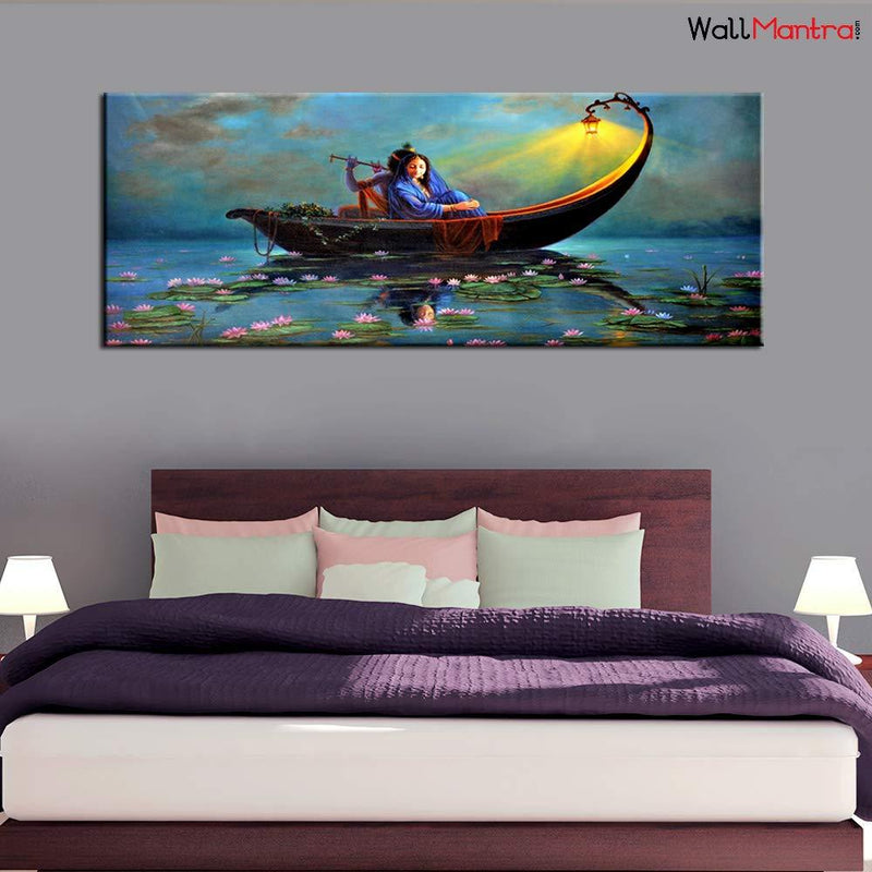 Radha Krishan on Ferry Romantic Canvas Big Panoramic Wall Painting