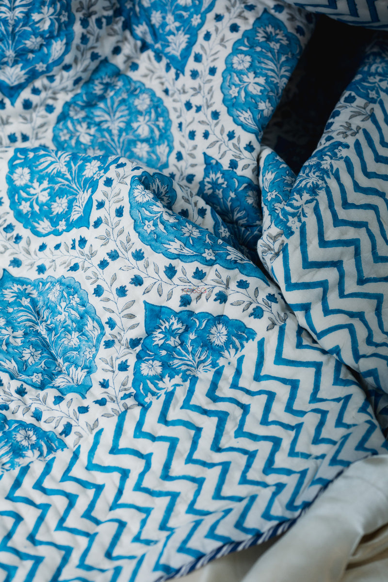 Regal Blue Block Print Double Bed Quilt