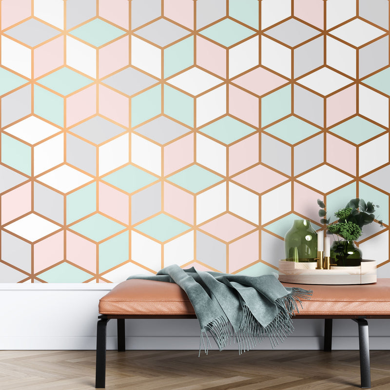 Pink with white lines geometric – Mural Wallpaper, PVC Free, Non-Toxic