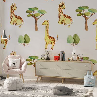 Watercolor cute giraffes and trees