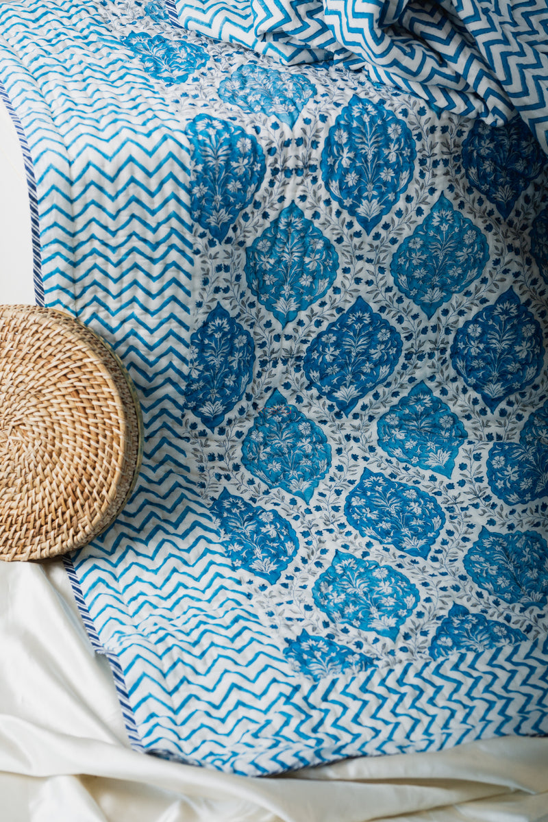 Regal Blue Block Print Double Bed Quilt