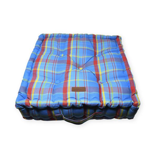 ACRYLIC COATED FLOOR CUSHION - MANIC MADRAS - BLUE