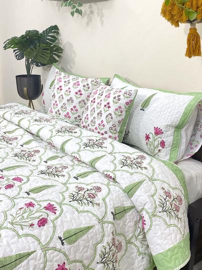 Pink & Green Amelia Floral Handblock Printed Reversible Quilted Bedcover with Pillowcases and Cushion Covers