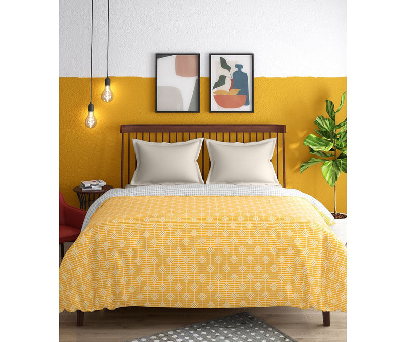 Mustard Yellow Intricate Print King Size Comforter (100% Cotton, Reversible)